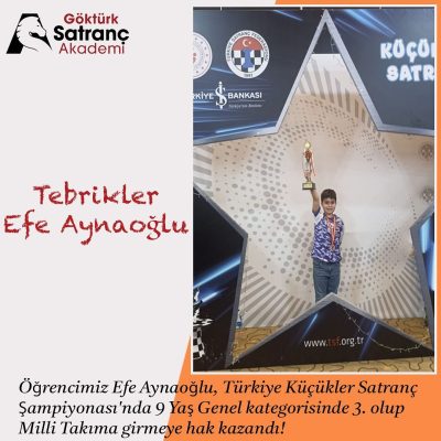 EFE AYNAOĞLU, TÜRKİYE KÜÇÜKLER SATRANÇ ŞAMPİYONASI’NDA ÜÇÜNCÜ OLDU!